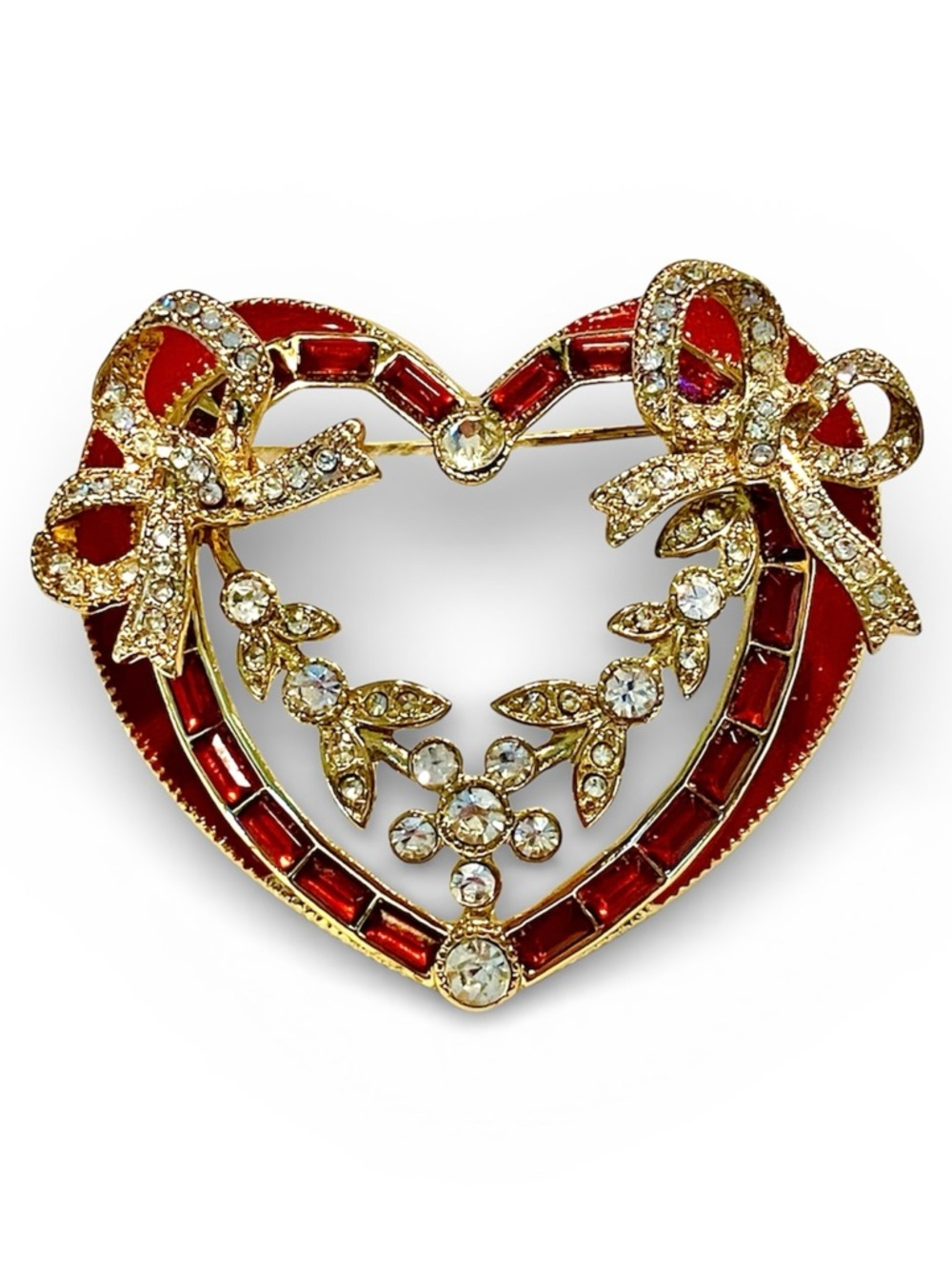 Vintage Napier 1990s Gold Tone Red Enamel & Crystal Heart Bow Brooch